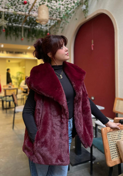 fur jacket in burgundy