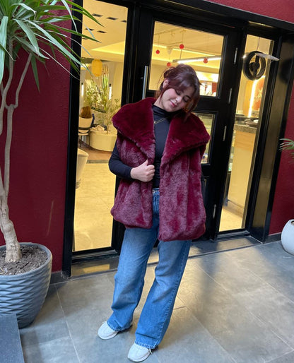 fur jacket in burgundy