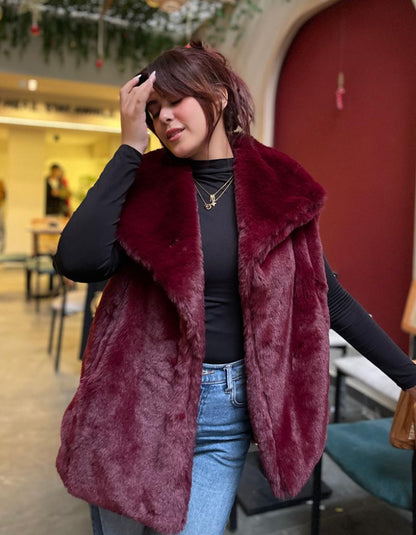 fur jacket in burgundy